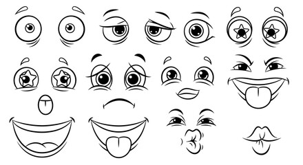 Cartoon Eyes and Mouths Set with Various Expressions on an isolated white background