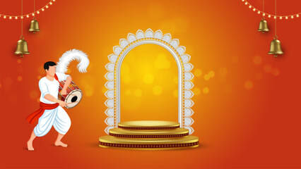 Bengali dhaki playing a dhak drum during Durga Puja festival on a decorative background with a golden podium for product display