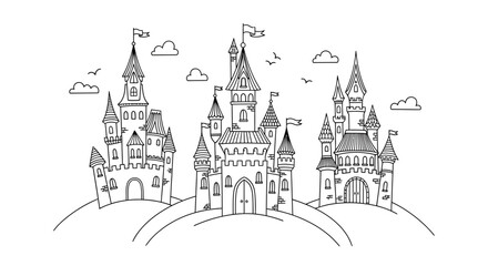 Magical Fairy Tale Castle Landscape on a Hill with Clouds, Dreamy Mood, Isolated White Background © shankara