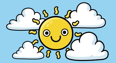 Happy Cartoon Sun Smiling Brightly Among Fluffy Clouds in Blue Sky, Cheerful Mood