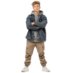 Naklejka premium Confident teenage boy in casual autumn outfit, grey hoodie, denim jacket, loose cargo pants, standing with arms crossed, feet wide apart. Young Caucasian teen boy model. Isolated object 