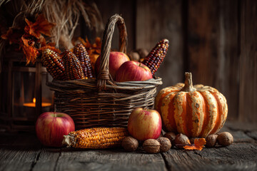 Autumn Harvest Basket with Apples and Pumpkins