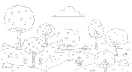 Cartoon Forest Landscape with Trees, Clouds, and Winding Path, Isolated White Background
