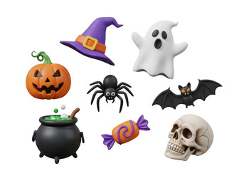 3d icon of collection of halloween icons including a pumpkin, ghost, witch hat, spider, cauldron, candy, bat, and skull isolated on transparent background