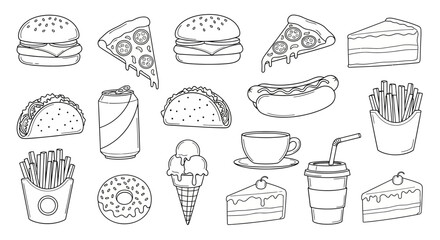 Collection of popular fast food and dessert items for a menu or design, line art on isolated white background.