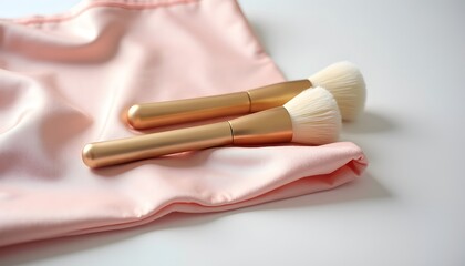 Two golden makeup brushes resting on a soft pink satin cloth, isolated on white background