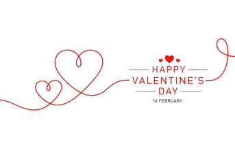 Happy valentines day greeting with red heart shapes connected by a single line, isolated on transparent background