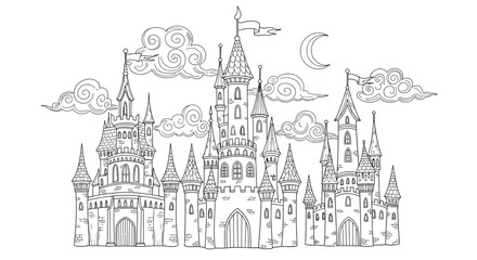 Intricate outline drawing of a magical fantasy castle under a cloudy night sky with a crescent moon, coloring page on isolated white background. © shankara