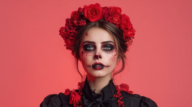 studio shot of lovely woman wears halloween makeup dressed in black outfit red wreath has zombie image looks with scaring expression isolated over rosy background free space for your promotion no log