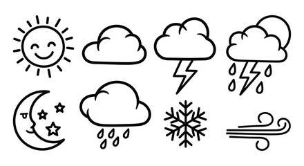 Set of simple hand drawn weather icons including sun, clouds, rain, lightning, snow, moon, and wind on isolated white background