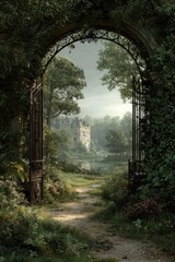 Obraz premium Rustic archway, garden path to castle