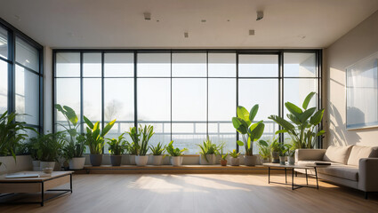 Fototapeta premium Modern sunroom with large windows and plants 