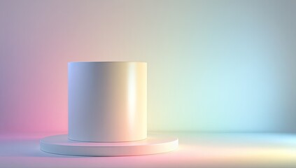 Empty, cylindrical, white pedestal on a light-colored surface, bathed in soft, pastel-hued lighting