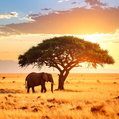 Elephant under a tree at sunset