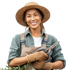 Young woman wearing straw hat, gloves, shirt, and overalls, standing smiling while holding garden shears. Isolated object with transparent background. Gardening, outdoor lifestyle, eco-friendly theme
