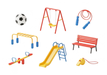 3d icon of set of playground equipment and sports items including soccer ball, swing, jump rope, monkey bars, bench, seesaw, and slide, isolated on transparent background