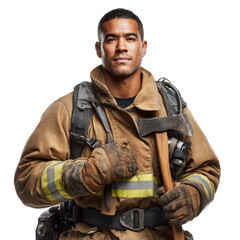 Young Caucasian man wearing yellow firefighter uniform. Standing male model mockup. Isolated object with transparent background