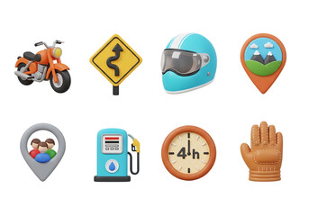 3d icon of set of travel and transportation icons, including motorcycle, road sign, helmet, location pin, gas station, clock, and glove, isolated on transparent background