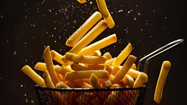 Golden fries falling into a wire basket, capturing the essence of fast food preparation with a dark backdrop