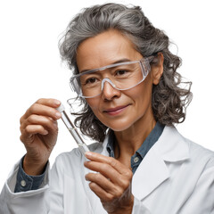 Elderly female lab technician in white coat, holding test tube with liquid. Standing calmly, focused expression. Isolated object with transparent background. Scientific research, medical analysis
