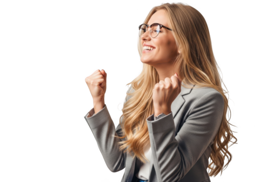 Young businesswoman with blonde hair and glasses, wearing a grey blazer, celebrating success with clenched fists raised in the air, isolated on transparent background