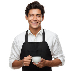 Young male barista in crisp white shirt and black apron, holding cup of freshly brewed coffee. Isolated object with transparent background