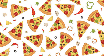Delicious pepperoni pizza slices with peppers and mushrooms create a vibrant, appetizing pattern.