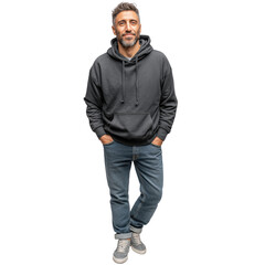 Young Caucasian man with beard, wearing gray casual hoodie and jeans, standing in relaxed pose. Male model mockup. Isolated object, transparent background	
