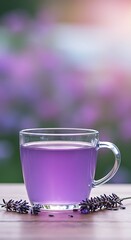 A clear glass cup filled with vibrant purple lavender tea sits on a wooden surface. Around the base of the cup, a few sprigs of dried lavender are artistically arranged. The background is softly blurr