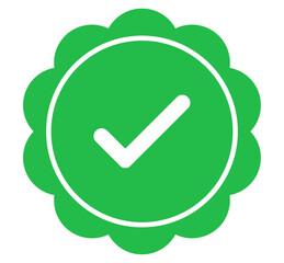 Green verified badge with check mark, scalloped rosette approval seal for certification, for app ui, profile verification, branding and labels, PNG with transparent background