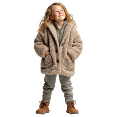 Smiling 6–7 year old girl wearing buttoned cardigan, soft knit pants, lace-up boots, standing with hands in pockets. Youth caucasian kid model. Isolated object with transparent background