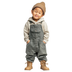 Smiling 3–4 year old child wearing beanie, hoodie, overalls, lace-up boots, kid standing with hands in pockets. Youth Asian child model. Isolated object with transparent background
