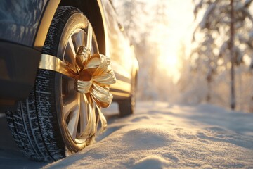 Car tire with golden bow on snowy winter road
