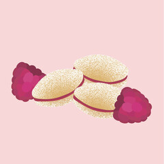 Illustration of three traditional Finnish sugar-coated spoon cookies (lusikkaleivät) filled with raspberry jam, accompanied by two fresh raspberries on a soft pink background.