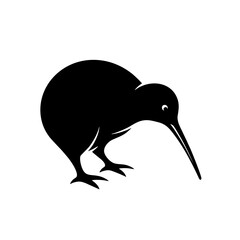 Kiwi Bird Logo With Long Curved Beak Pointing Downward, Bold Black Silhouette Design