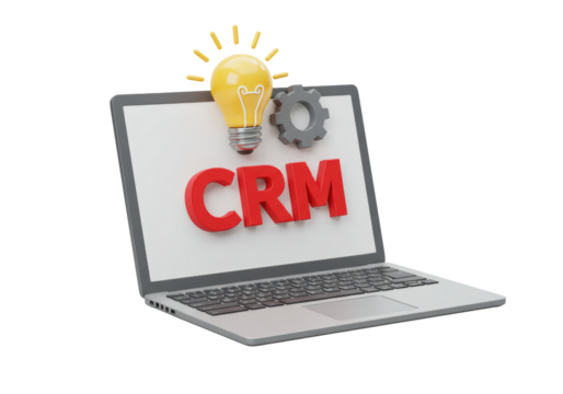 Isolated customer relationship management computer with light bulb and gear concept icon
