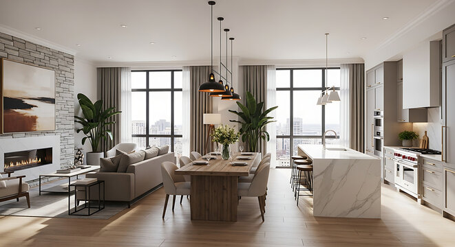 Bright open concept living space with fireplace dining area and modern kitchen design visible here - Powered by Adobe