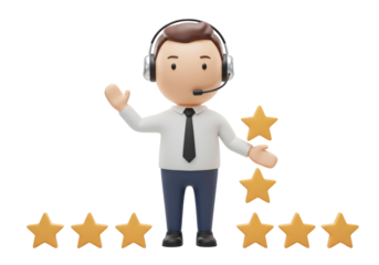 Isolated customer service worker with star rating, representing feedback and customer experience