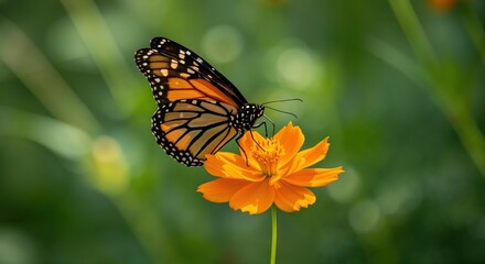 Fototapeta premium Monarch butterfly on Flower: An intimate portrait of a vibrant Monarch butterfly, gracefully perched upon a radiant orange flower. The delicate wings showcase intricate patterns.