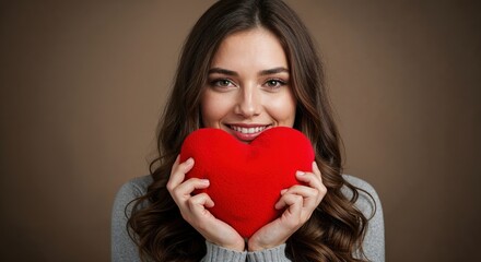 Holding Heart: A smiling woman tenderly cradles a plush red heart, radiating affection and warmth. Her genuine expression conveys love and care, offering a sense of comfort and emotional connection.