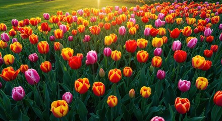 A Kaleidoscope of Color: A vibrant tapestry of blooming tulips paints a breathtaking scene, a symbol of spring's rebirth, offering a visual symphony of nature's beauty.