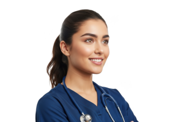 Young female doctor or nurse in blue scrubs with stethoscope, smiling and looking to the side, isolated on transparent background