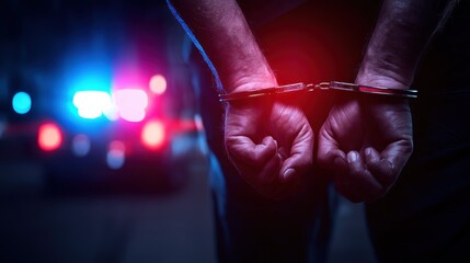 A person in handcuffs stands with their hands behind their back, illuminated by police car lights in the background at night
