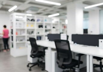 A blurred, modern office background with white desks and black chairs, suggesting a busy yet professional workspace