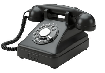 Isolated black rotary dial telephone, an antique telephone from the mid 20th century