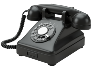 Isolated black rotary dial telephone, an antique telephone from the mid 20th century