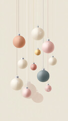 Stylized Christmas baubles hanging in pastel colors
