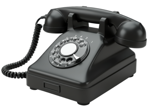 Isolated black rotary dial telephone, an antique telephone from the mid 20th century