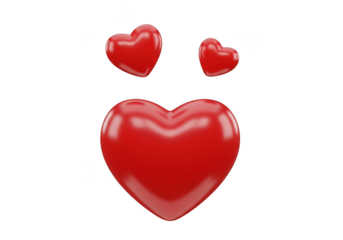 Three shiny red hearts isolated on transparent background, symbolizing love and romance