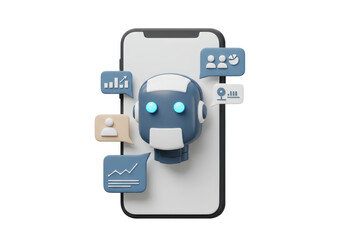 Isolated futuristic chatbot robot on a smartphone, generative AI conversational assistance